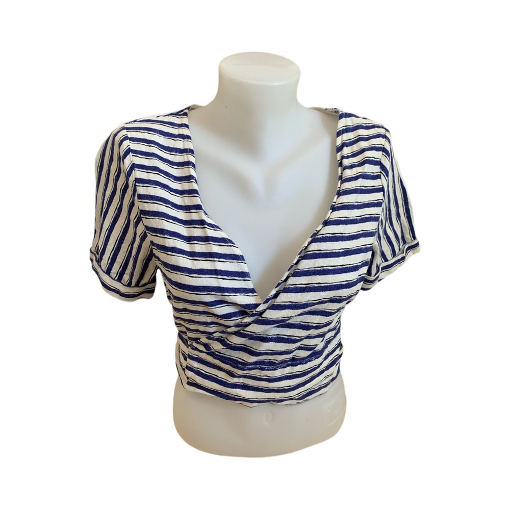 Striped V-Neck Wrap Top-Gilli-Blue and White